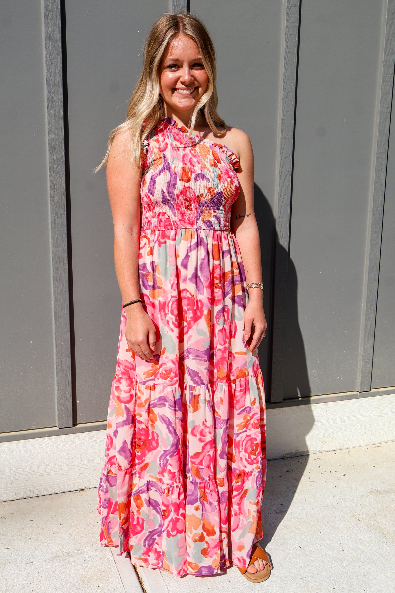 pink floral one shoulder maxi dress Smocked Tiered sexy boho dress Color:As Photo(Pink） and undeniably feminine — Playing DRESS TO IMPRESS
