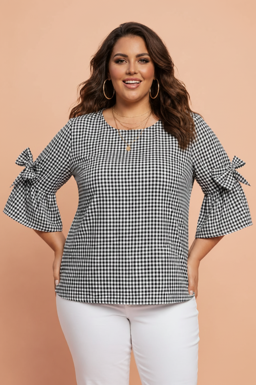 Gingham Bow Ruffle Sleeve Top