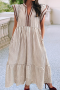 Ruffled Stripe Contrast Trim V Neck Dress