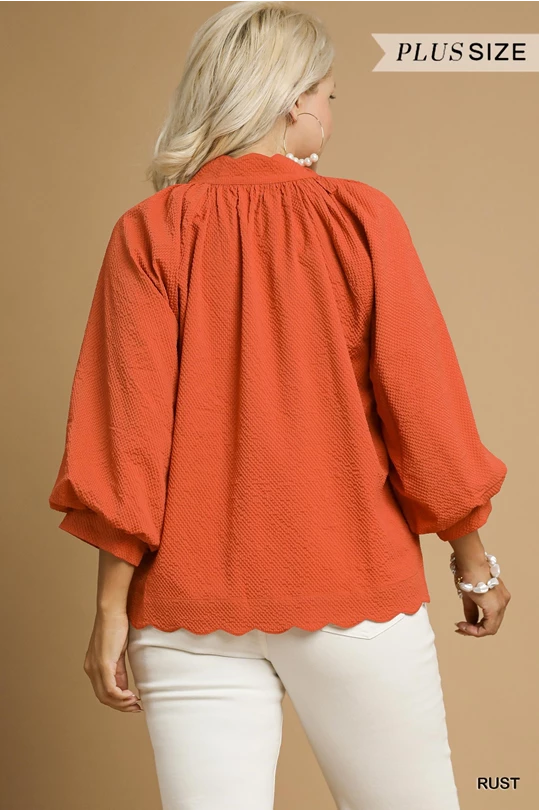Scalloped V Neck 3/4 Sleeve Blouse