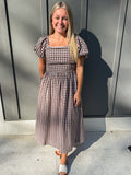 Gingham Lace Trim Puff Sleeve Lined Midi Dress