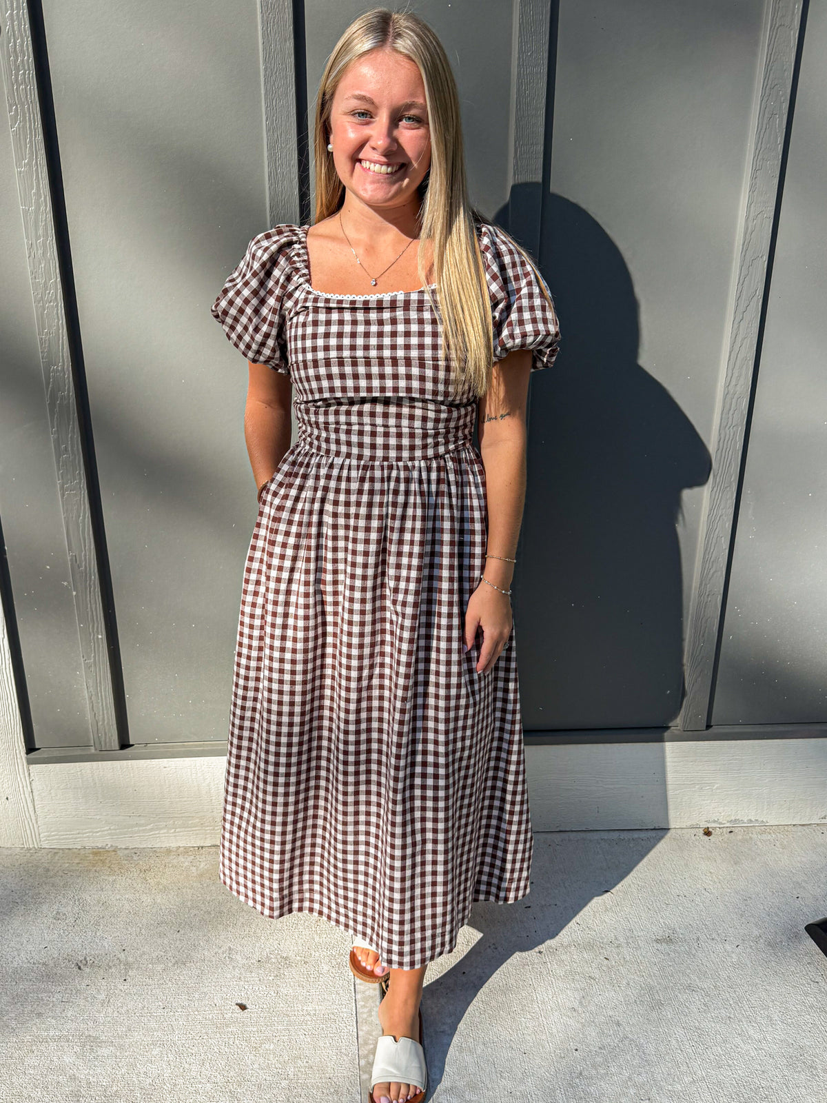 Gingham Lace Trim Puff Sleeve Lined Midi Dress