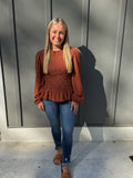 Western Solid Color Smocked Ruffle Hem Long Sleeve Blouse