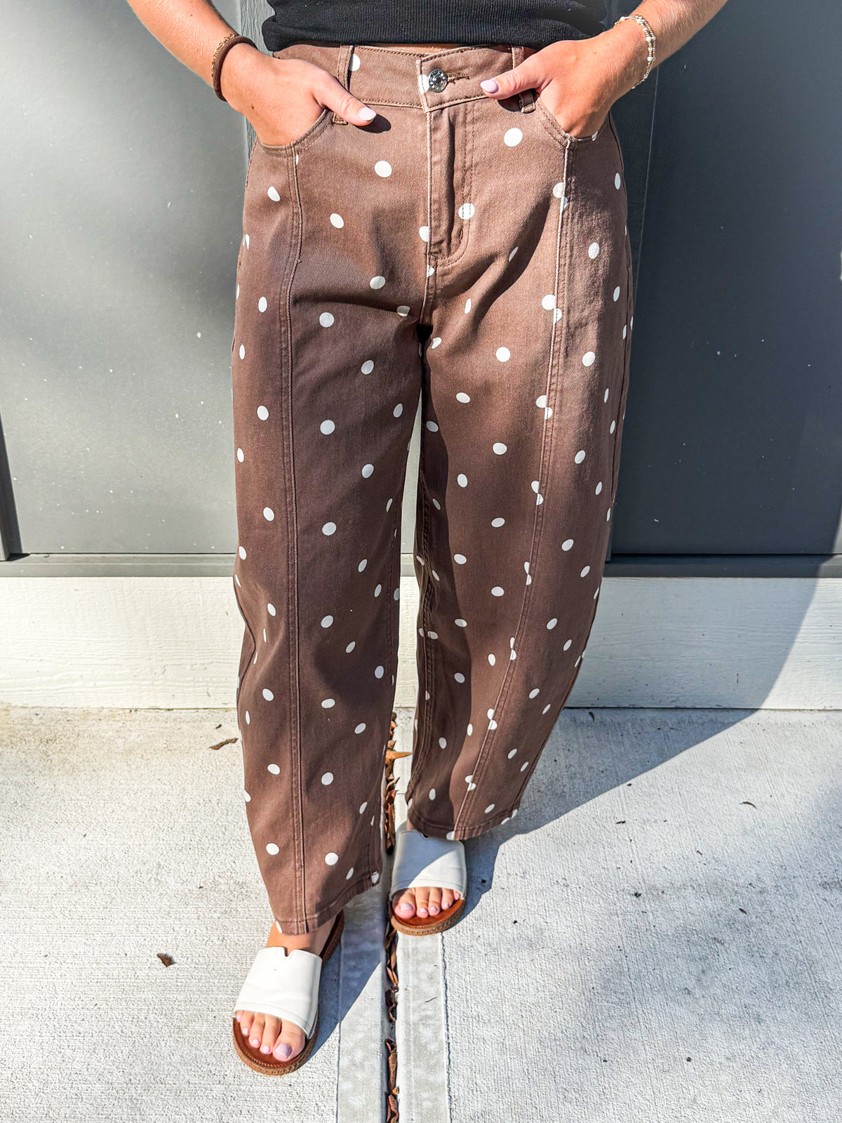 Polka Dot Print Seam Detail Barrel Jeans
