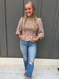 Plaid Smocked Bubble Sleeve Casual Blouse