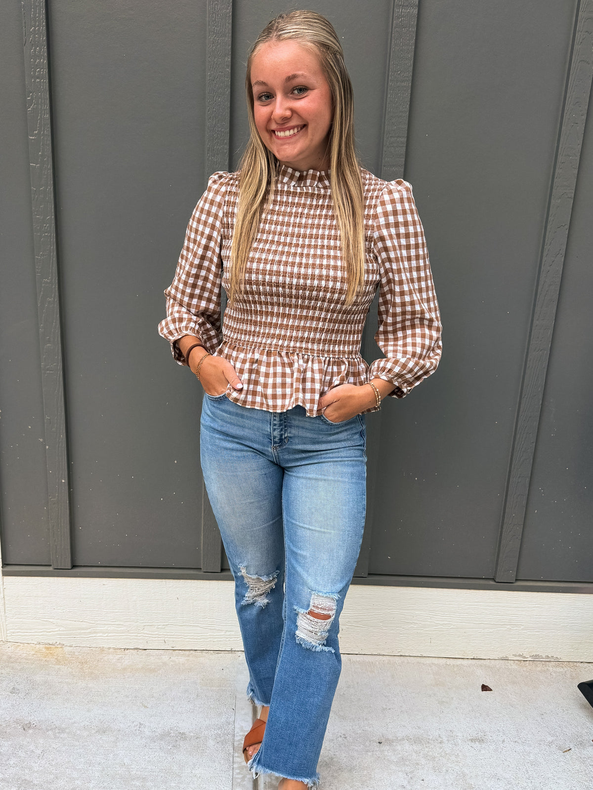 Plaid Smocked Bubble Sleeve Casual Blouse