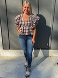 Gingham Bubble Sleeve Back Smocked Blouse Top