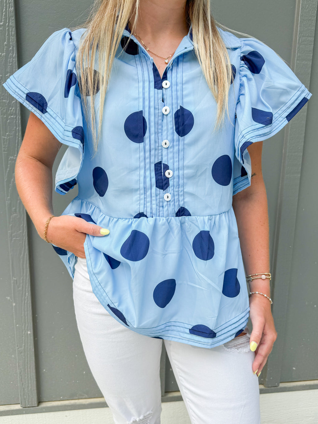 Polka Dot Print Ruffled Buttoned Collared Blouse