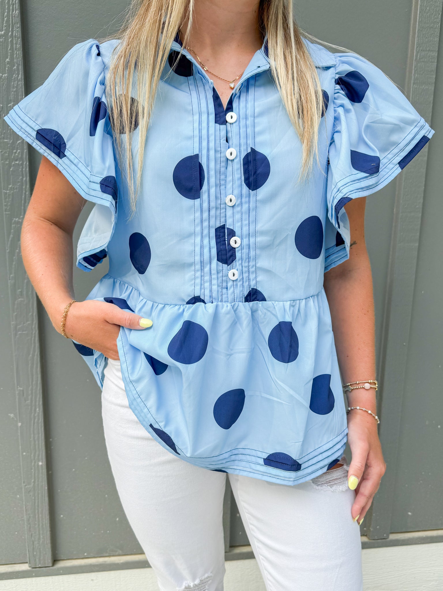 Polka Dot Print Ruffled Buttoned Collared Blouse