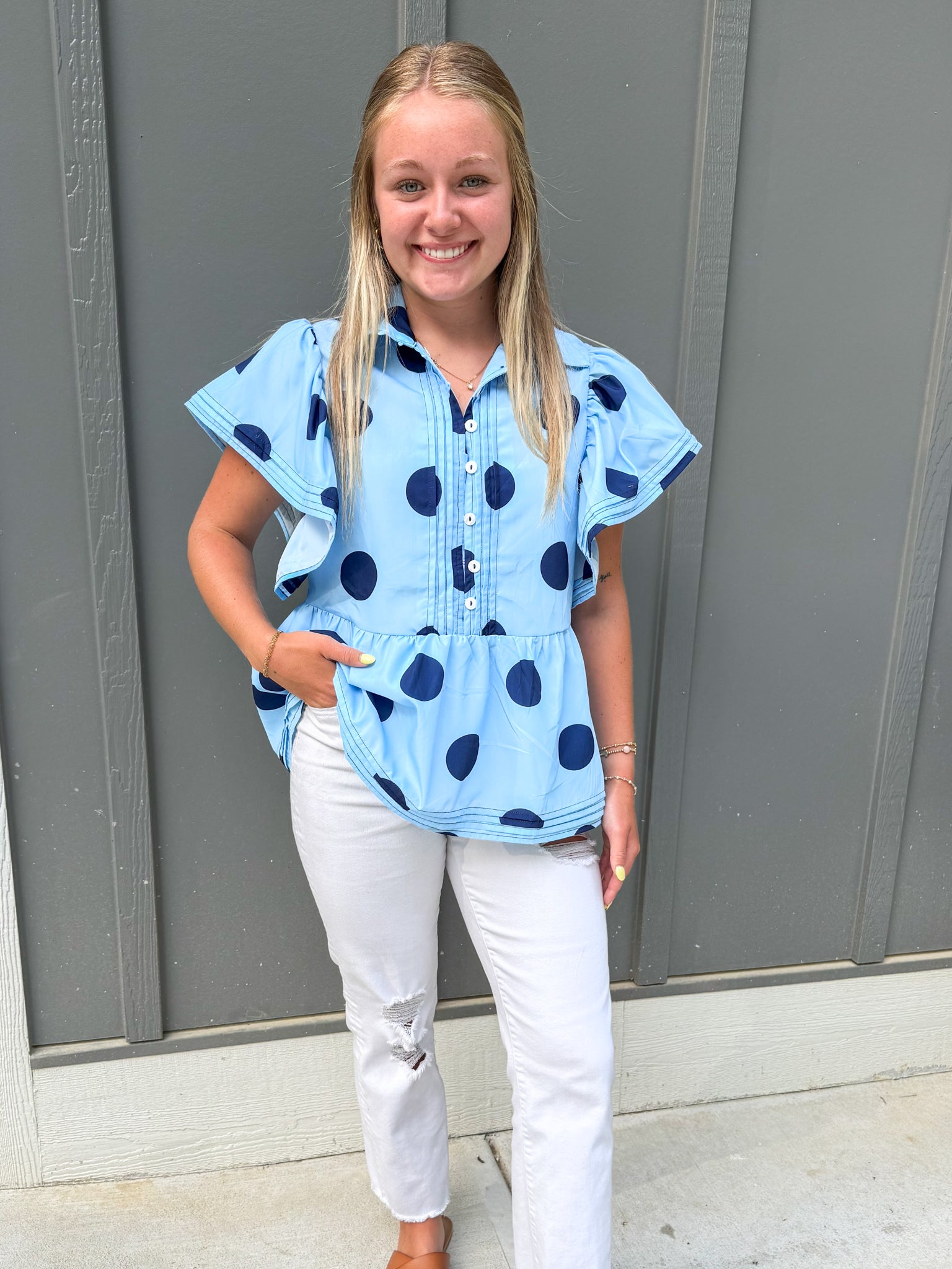 Polka Dot Print Ruffled Buttoned Collared Blouse
