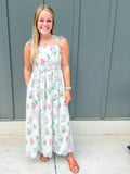 Contrast Trim Self-tie Straps Floral Midi Dress