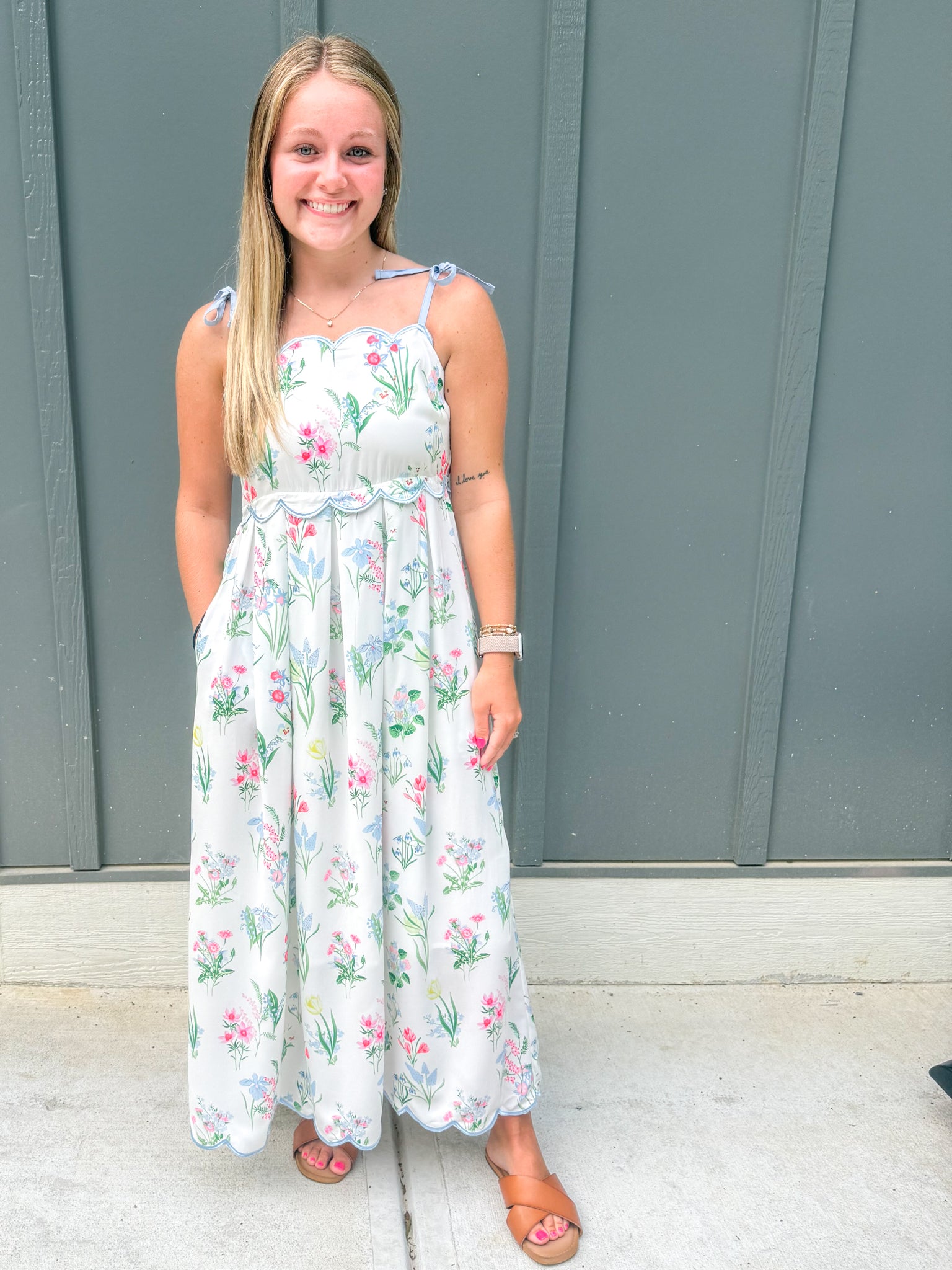 Contrast Trim Self-tie Straps Floral Midi Dress