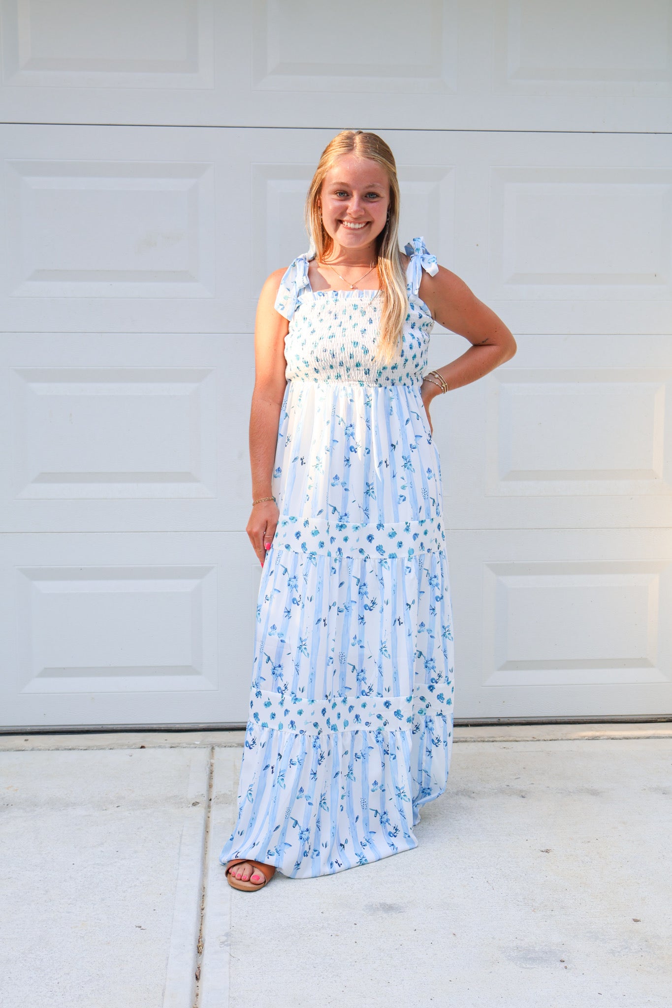 Spring Floral Smocked Tied Straps A-Lined Tier Maxi Dress