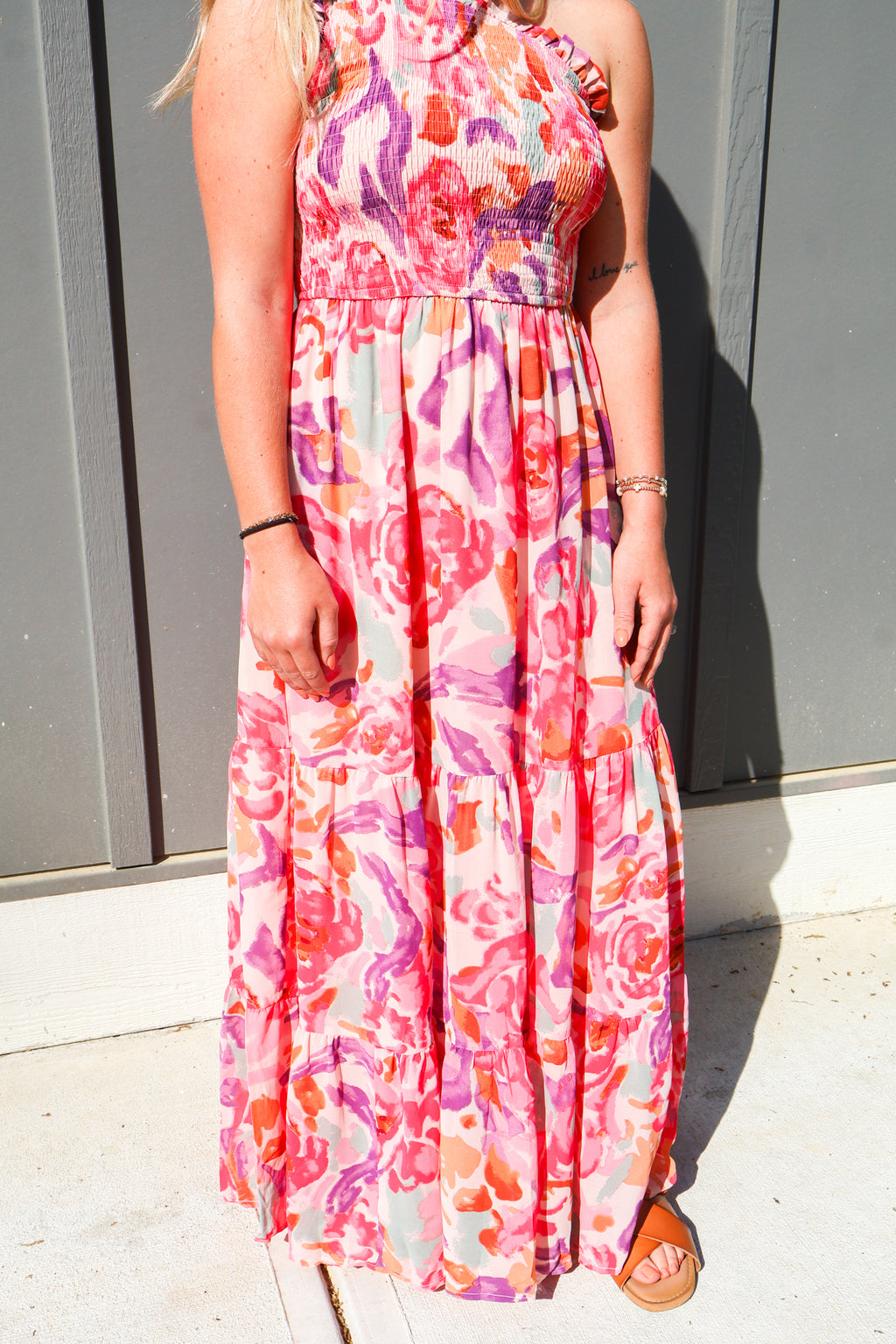 Pink Floral One Shoulder Smocked Tiered Maxi Dress