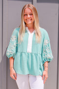 Patchwork Embroidered Puff Babydoll Blouse