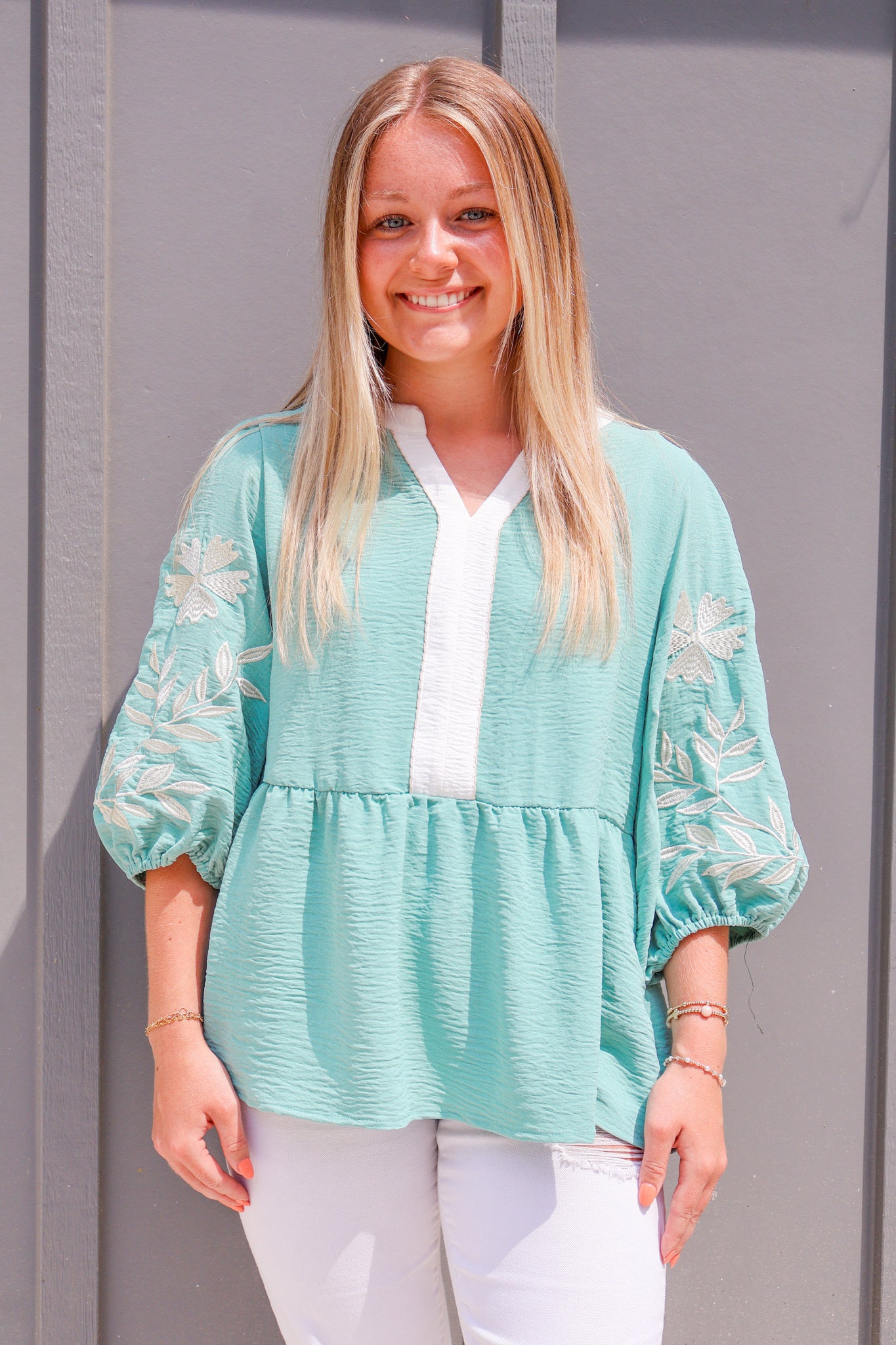 Patchwork Embroidered Puff Babydoll Blouse