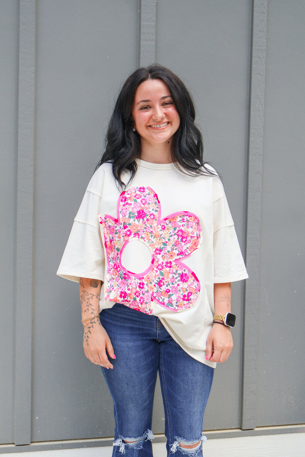 Floral Patched Raw Seam Big Flower Oversize Tee