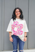 Floral Patched Raw Seam Big Flower Oversize Tee