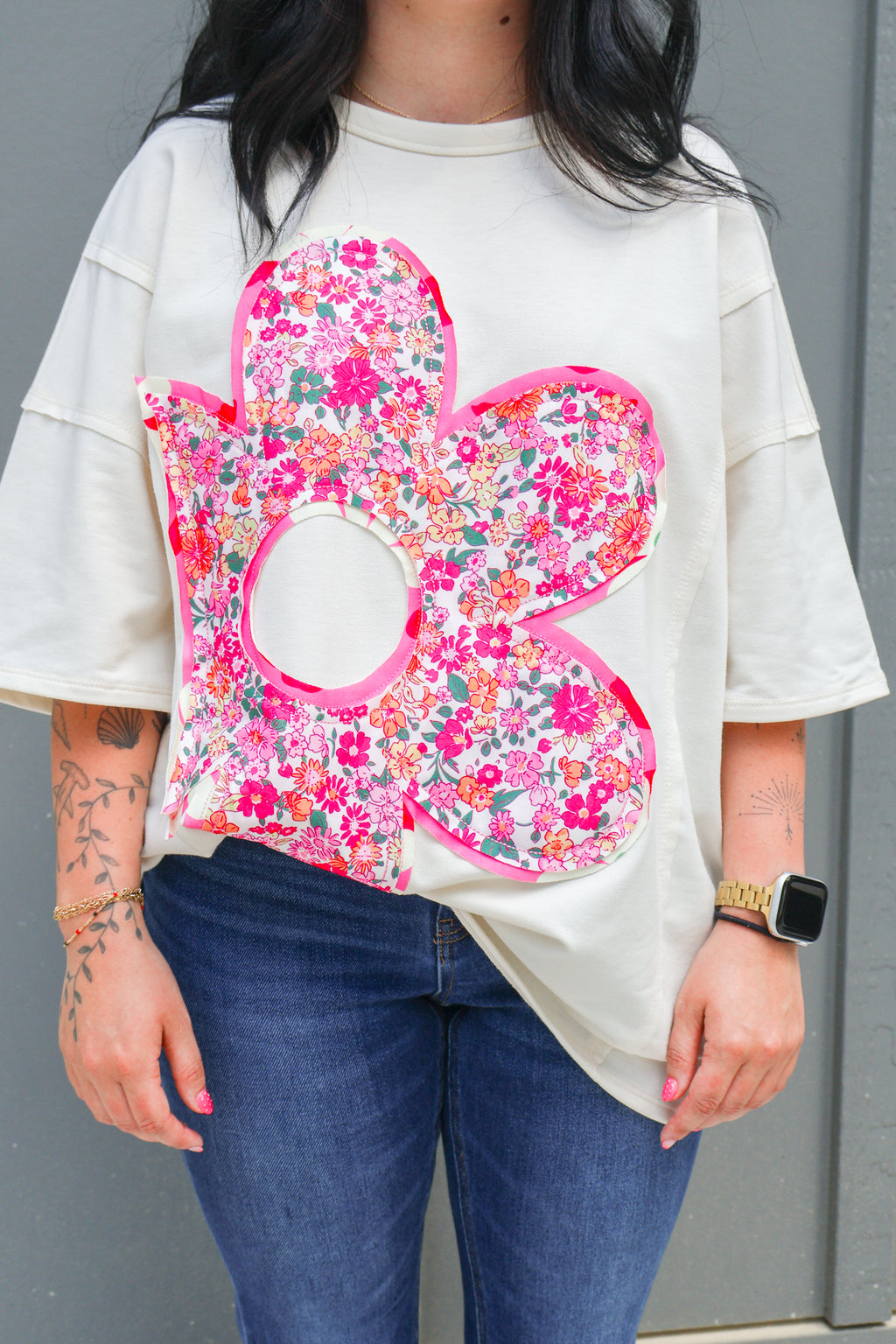 Floral Patched Raw Seam Big Flower Oversize Tee