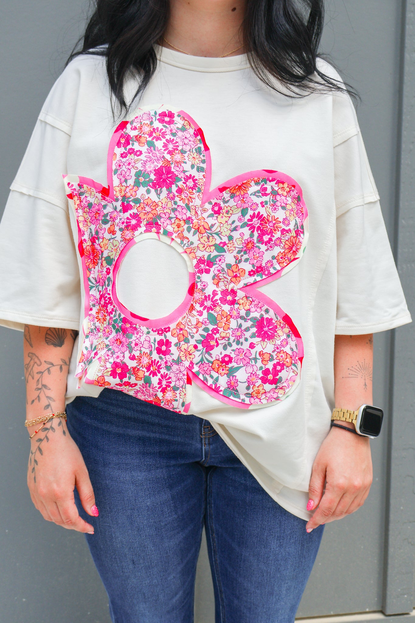 Floral Patched Raw Seam Big Flower Oversize Tee