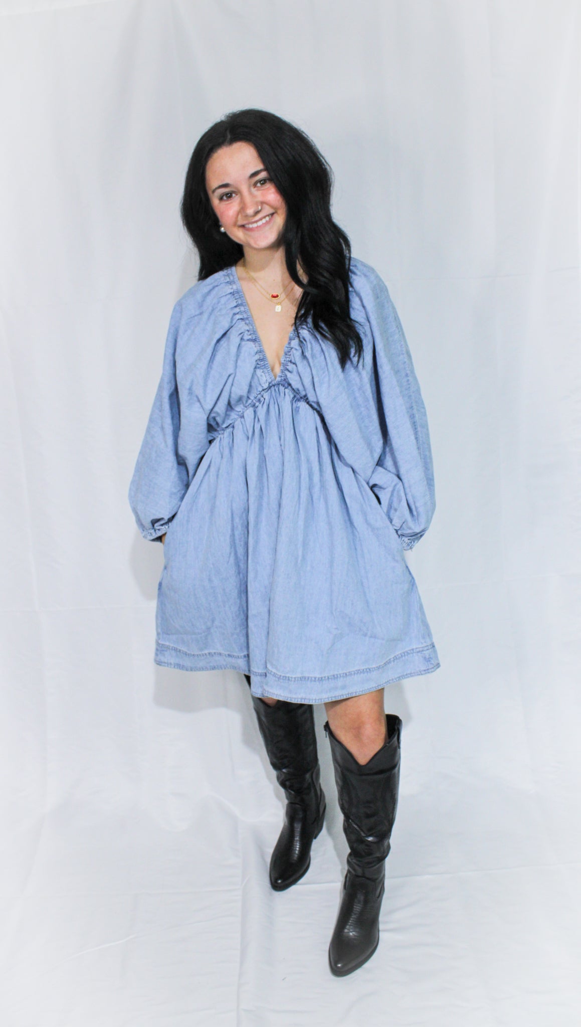 Light Wash Denim - Empire Waist Balloon Sleeve Dress
