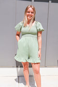 Puff Sleeve Smocked Romper with Ruffle Hem