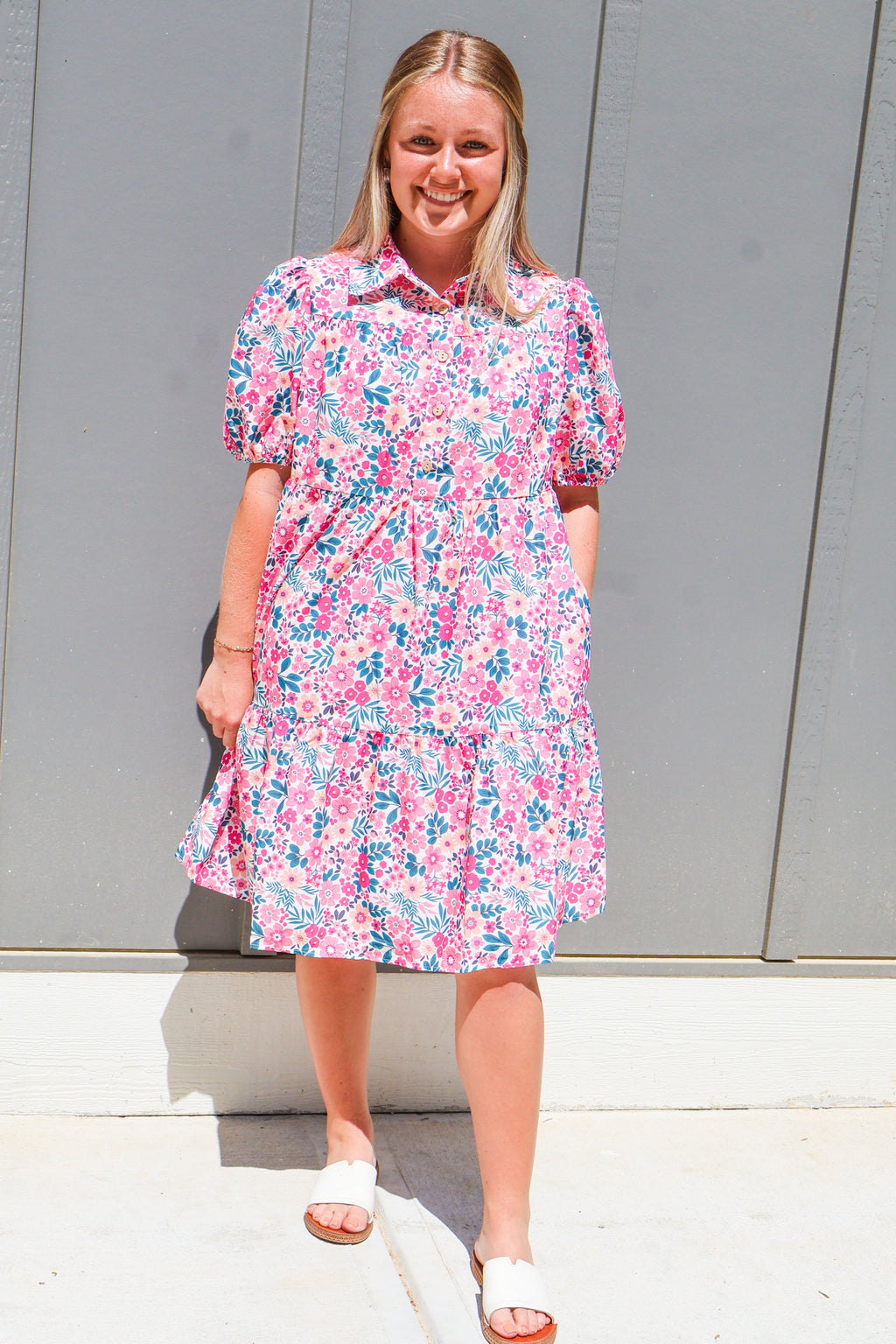 Floral Collared Half Placket Short Sleeve Loose Dress