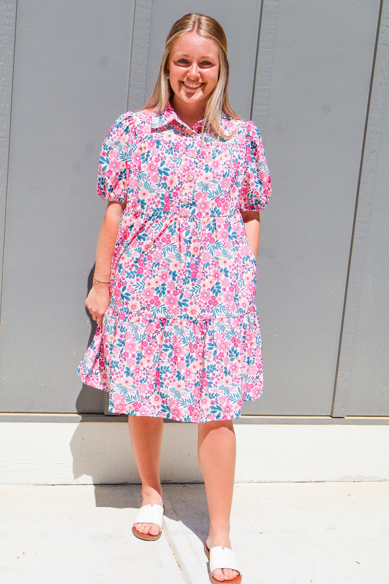Floral Collared Half Placket Short Sleeve Loose Dress