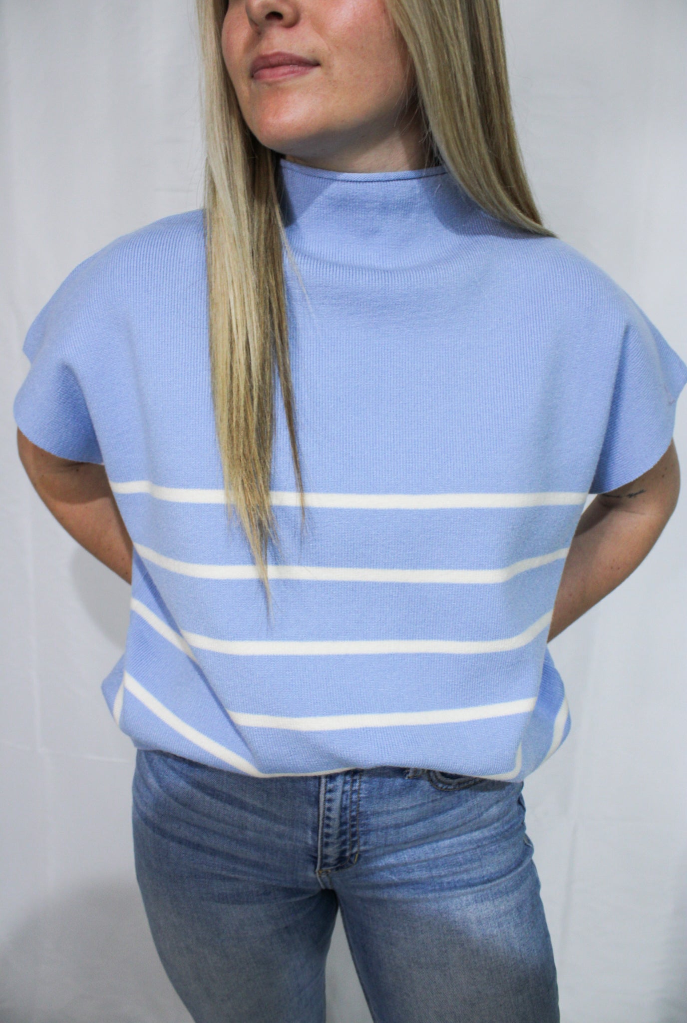 Mock Neck Blue Stripe Sweater