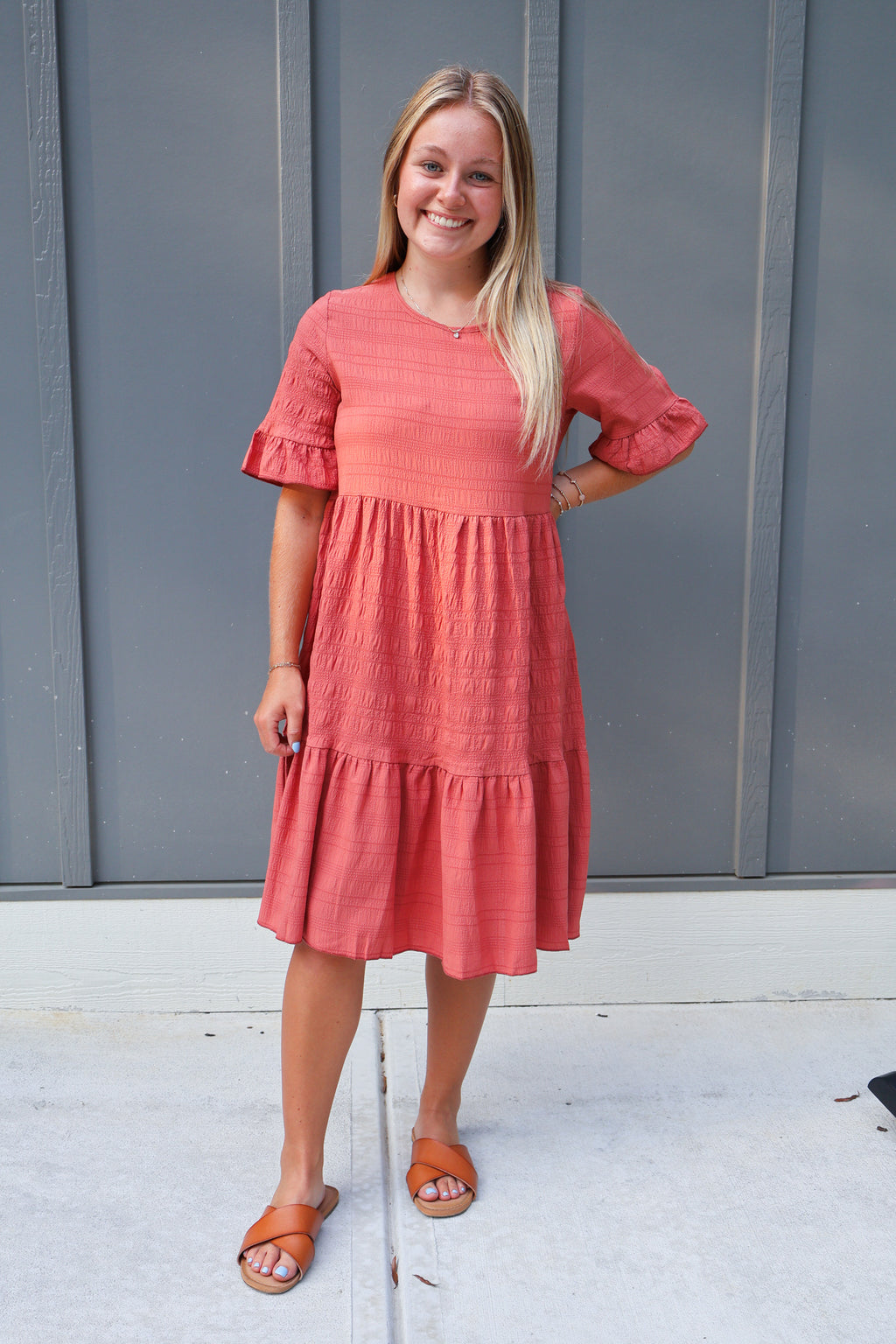 Women Ruffle Sleeve A Line Tiered Flowy Casual Trendy Mini Dress