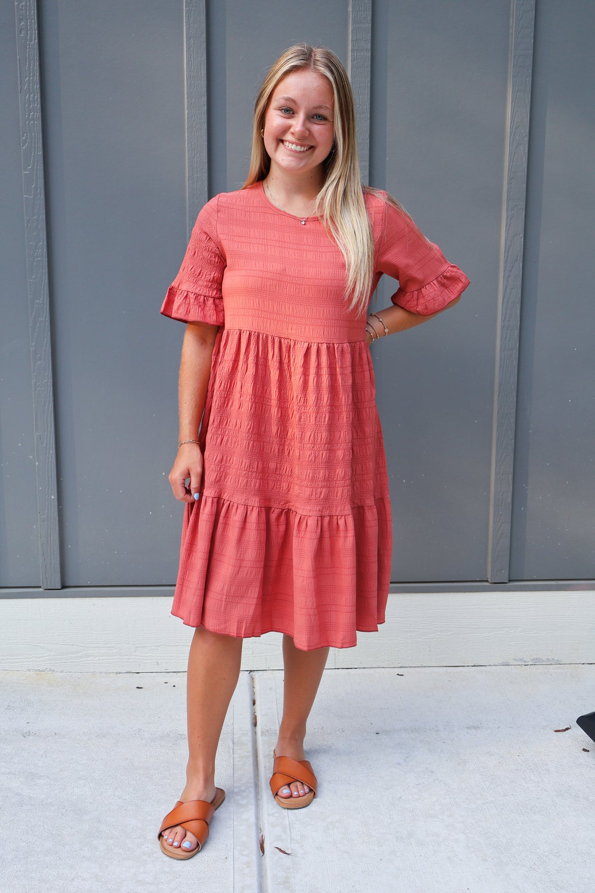 Women Ruffle Sleeve A Line Tiered Flowy Casual Trendy Mini Dress