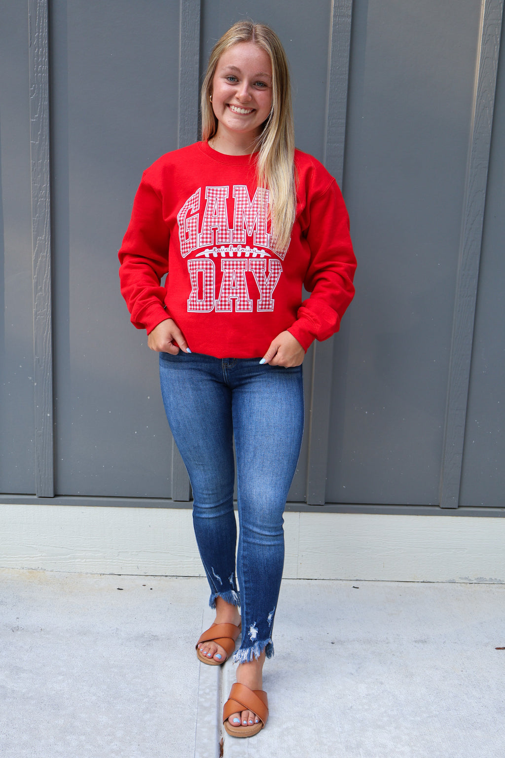 Red Gingham Game Day Graphic Sweatshirt