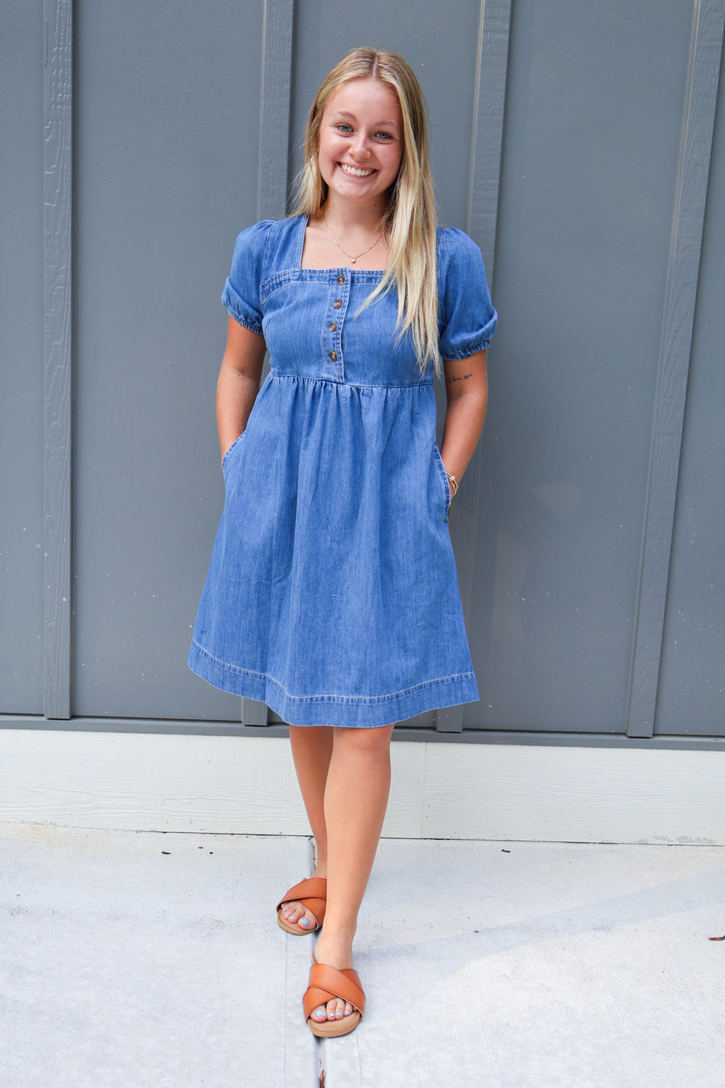 Denim Square Neck Short Puff Sleeve Mini Dress