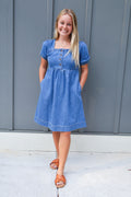 Denim Square Neck Short Puff Sleeve Mini Dress