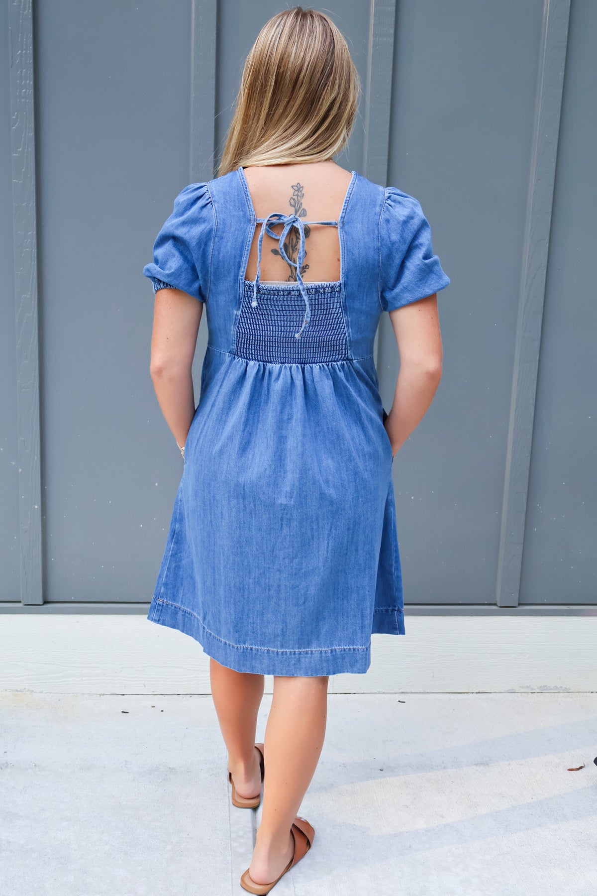 Denim Square Neck Short Puff Sleeve Mini Dress