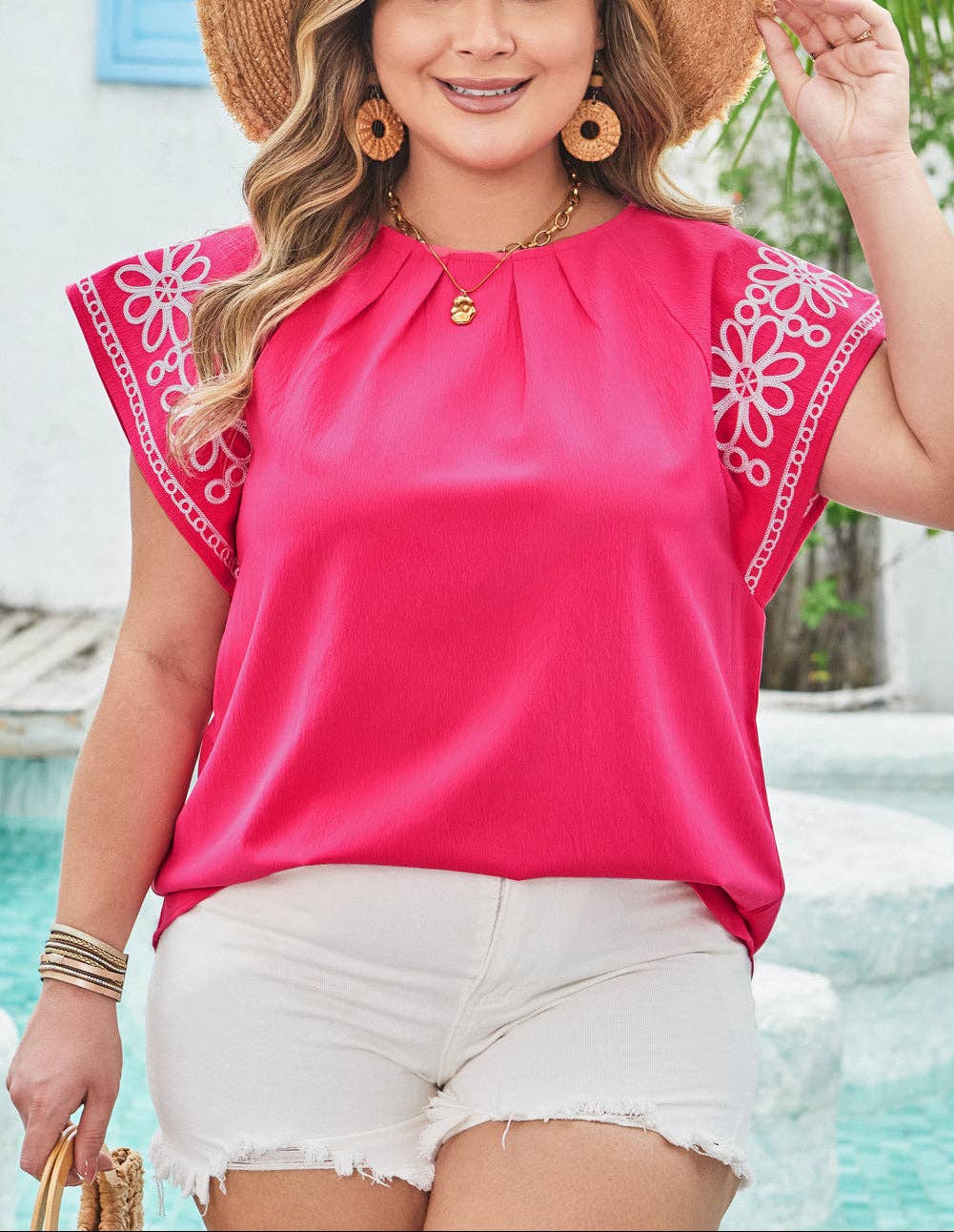 Strawberry Pink Floral Embroidered Flutter Sleeve Pleated O Neck Plus Size Blouse